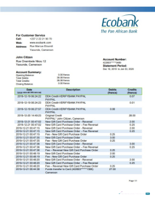 Download Cameroon Ecobank bank statement word